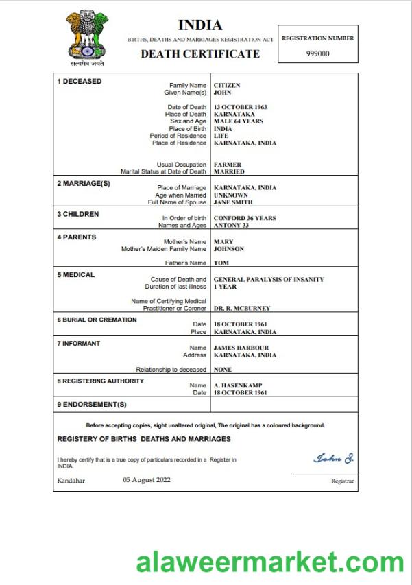 India death certificate Word and PDF template,